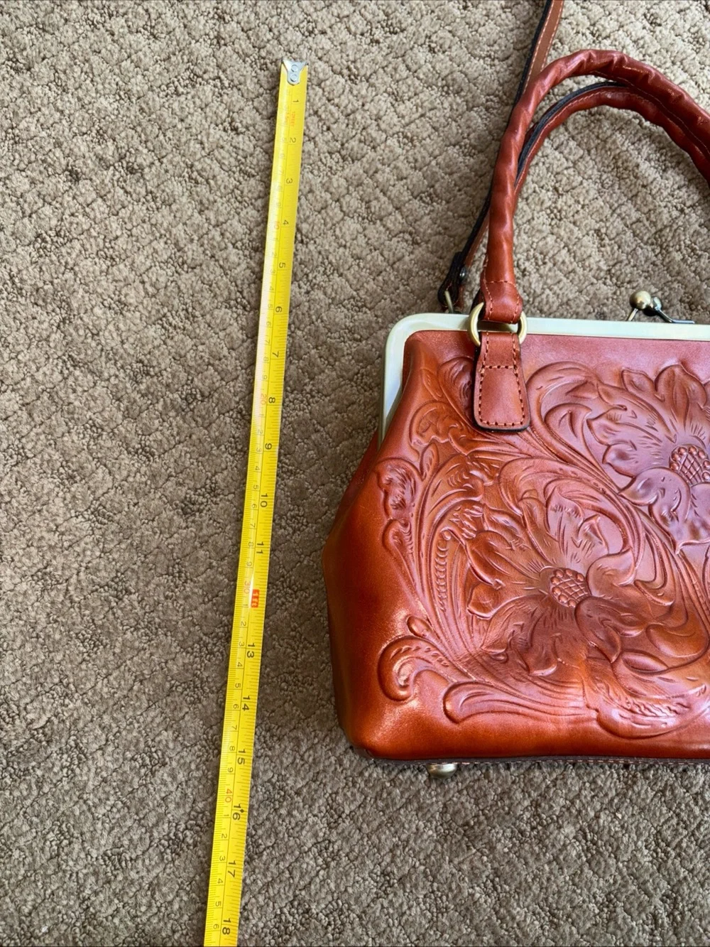 Patricia Nash luxury designer brown Leather handbag embossed floral design